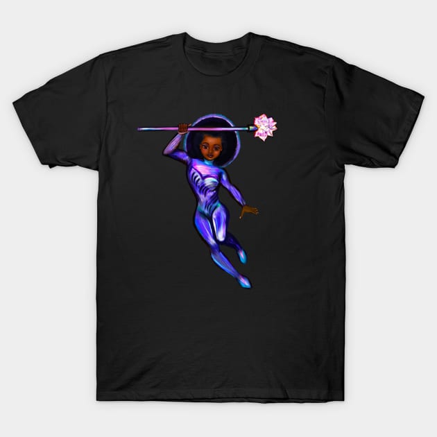 Black anime superhero girl from outer space with lights 3 ! beautiful  black girl with Afro hair, brown eyes, Cherry pink lips and dark brown skin. Hair love ! T-Shirt by Artonmytee